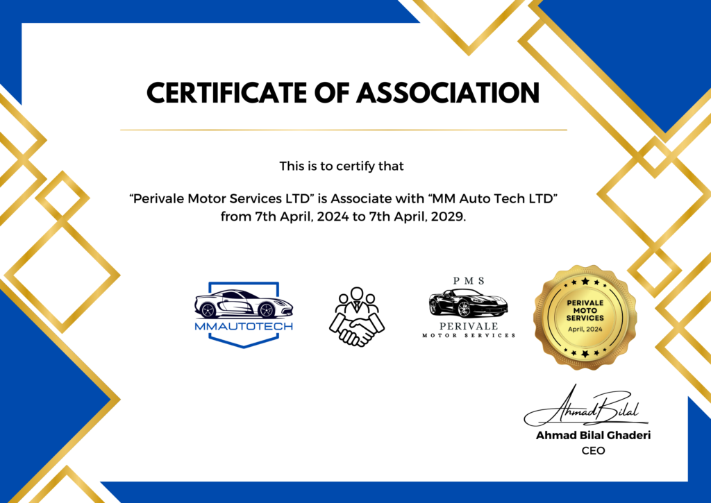 mm autotech Association certificate with perivale motor services